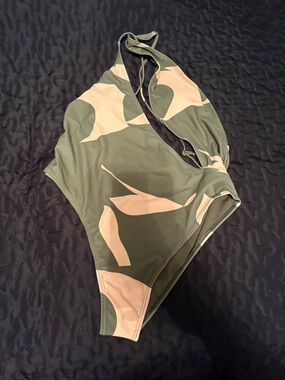 Olive Green & Cream Halter One-Piece Swimsuit